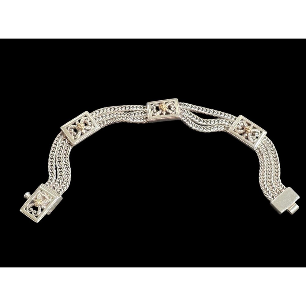 Anatoli Sterling Silver 14K Yellow Gold 4 Strand Station Bracelet Vintage 7in